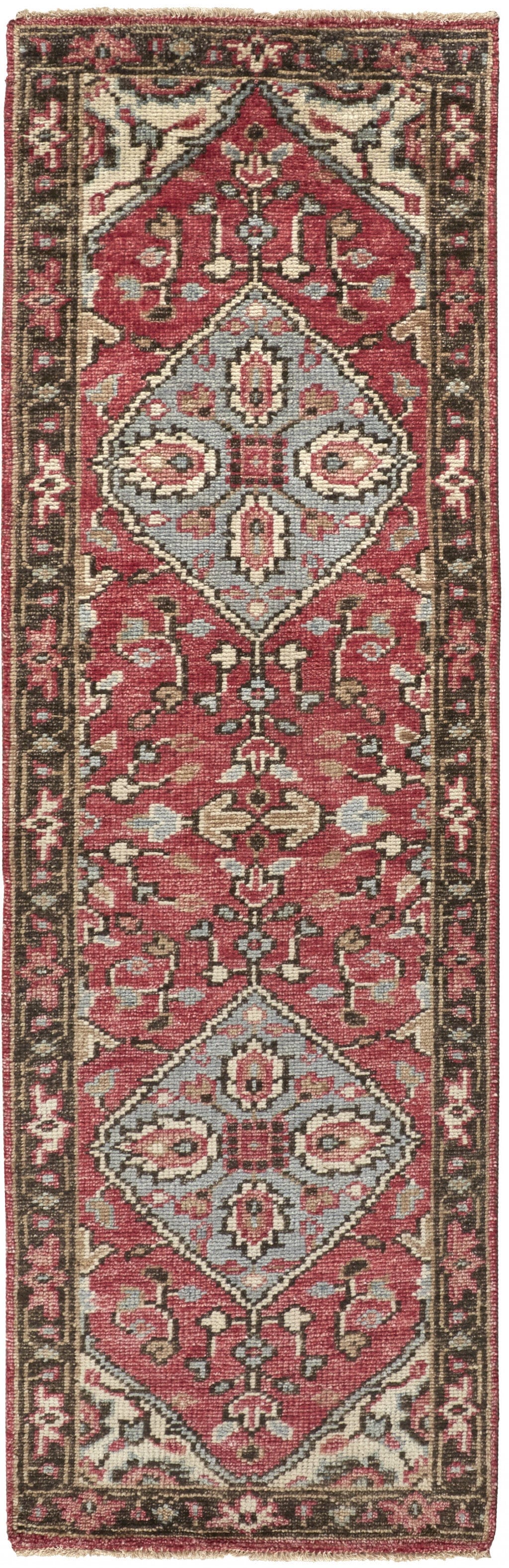 4' X 6' Red Gray And Ivory Wool Floral Hand Knotted Distressed Stain Resistant Area Rug With Fringe