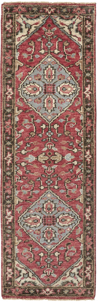 4' X 6' Red Gray And Ivory Wool Floral Hand Knotted Distressed Stain Resistant Area Rug With Fringe