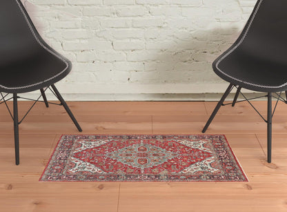 4' X 6' Red Gray And Ivory Wool Floral Hand Knotted Distressed Stain Resistant Area Rug With Fringe