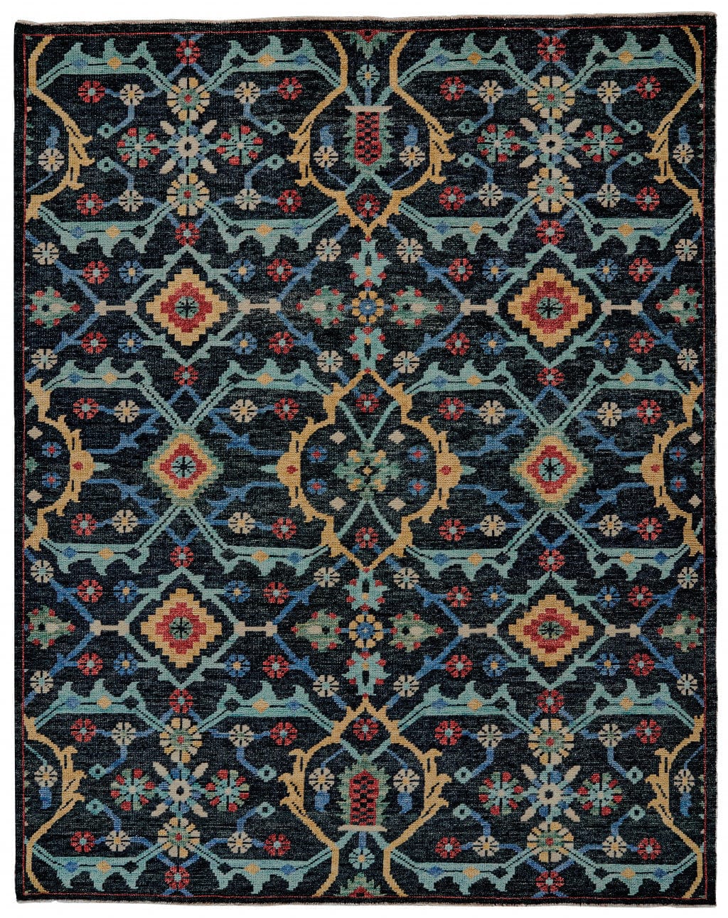 4' X 6' Blue Yellow And Red Wool Floral Hand Knotted Distressed Stain Resistant Area Rug With Fringe