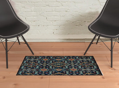4' X 6' Blue Yellow And Red Wool Floral Hand Knotted Distressed Stain Resistant Area Rug With Fringe
