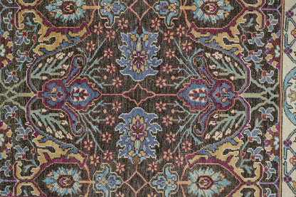 4' X 6' Ivory Brown And Blue Wool Floral Hand Knotted Distressed Stain Resistant Area Rug With Fringe