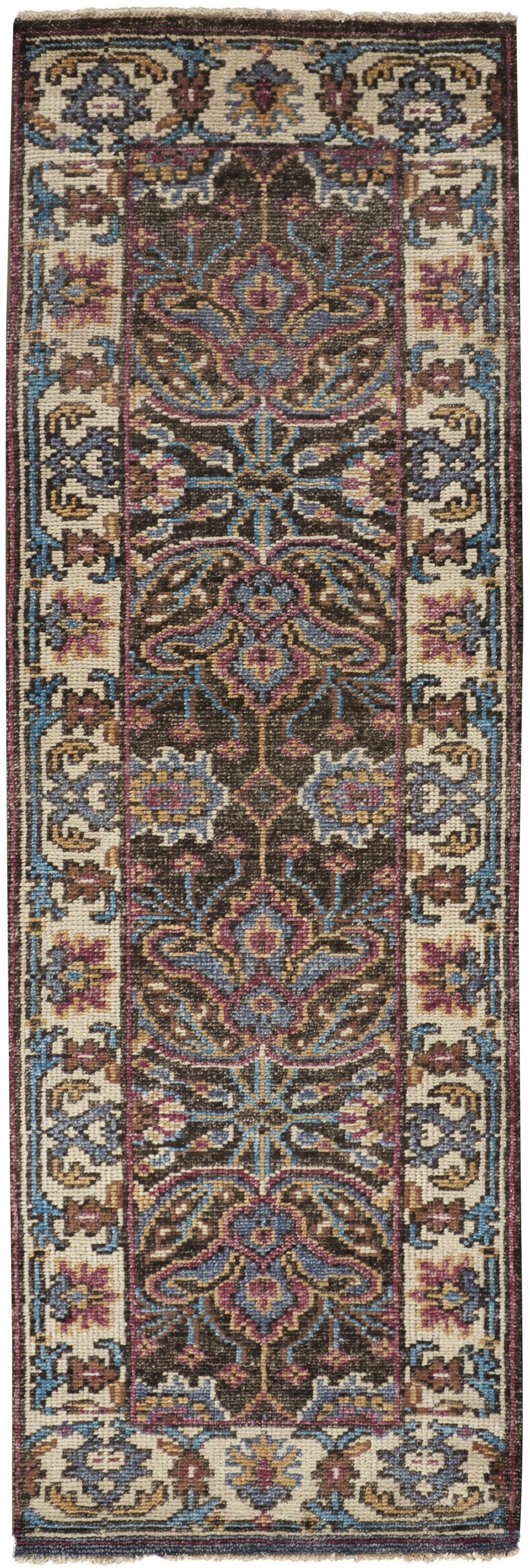 4' X 6' Ivory Brown And Blue Wool Floral Hand Knotted Distressed Stain Resistant Area Rug With Fringe
