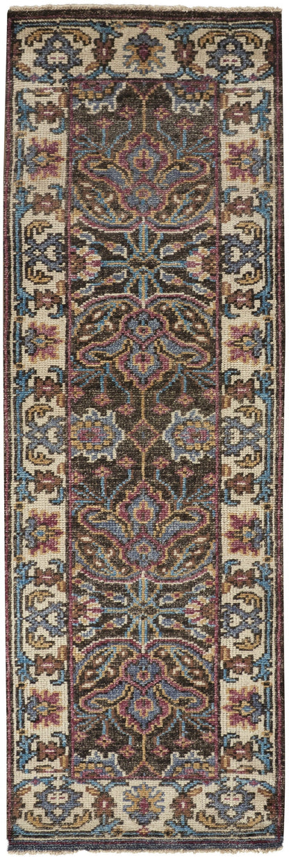 4' X 6' Ivory Brown And Blue Wool Floral Hand Knotted Distressed Stain Resistant Area Rug With Fringe