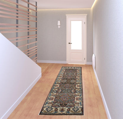 4' X 6' Ivory Brown And Blue Wool Floral Hand Knotted Distressed Stain Resistant Area Rug With Fringe