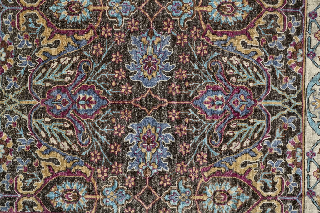 4' X 6' Ivory Brown And Blue Wool Floral Hand Knotted Distressed Stain Resistant Area Rug With Fringe