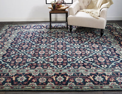 4' X 6' Blue Green And Red Wool Floral Hand Knotted Distressed Stain Resistant Area Rug With Fringe