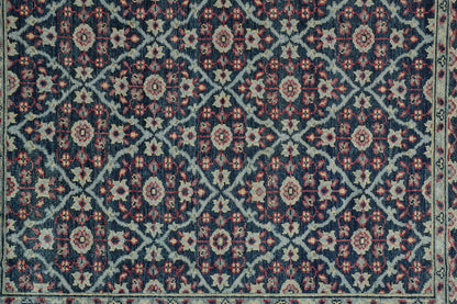 4' X 6' Blue Green And Red Wool Floral Hand Knotted Distressed Stain Resistant Area Rug With Fringe