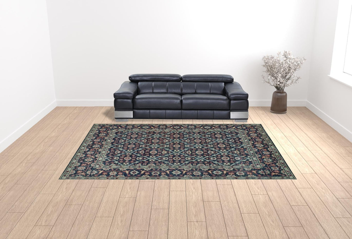 4' X 6' Blue Green And Red Wool Floral Hand Knotted Distressed Stain Resistant Area Rug With Fringe