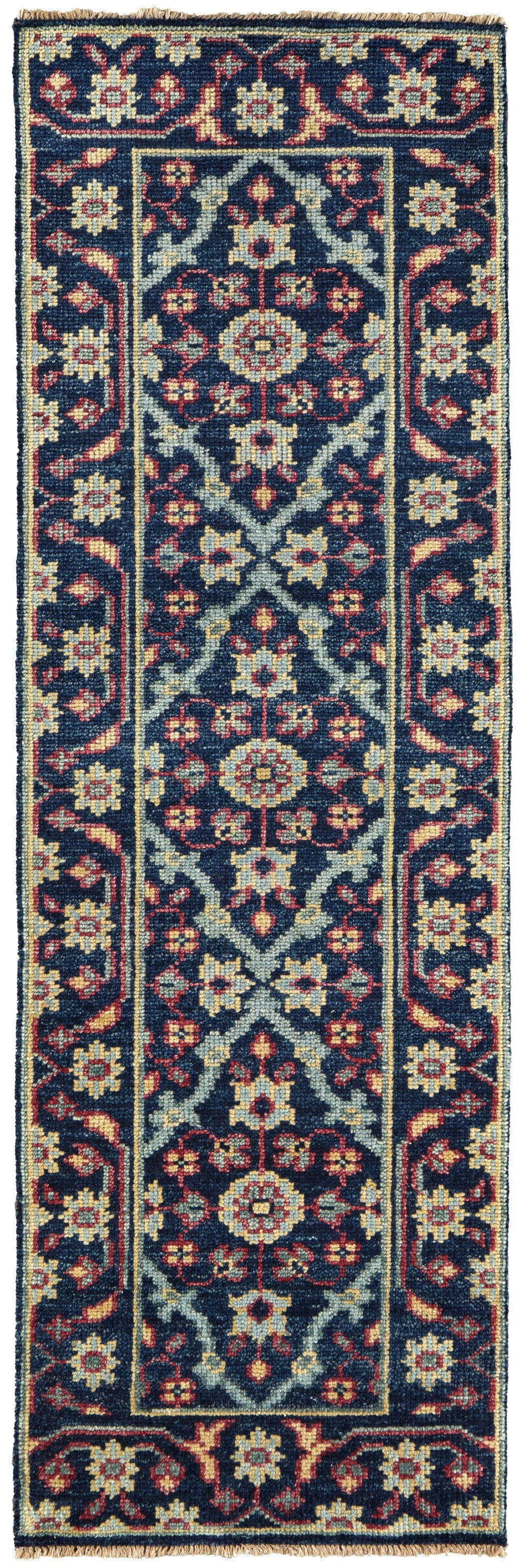 4' X 6' Blue Green And Red Wool Floral Hand Knotted Distressed Stain Resistant Area Rug With Fringe