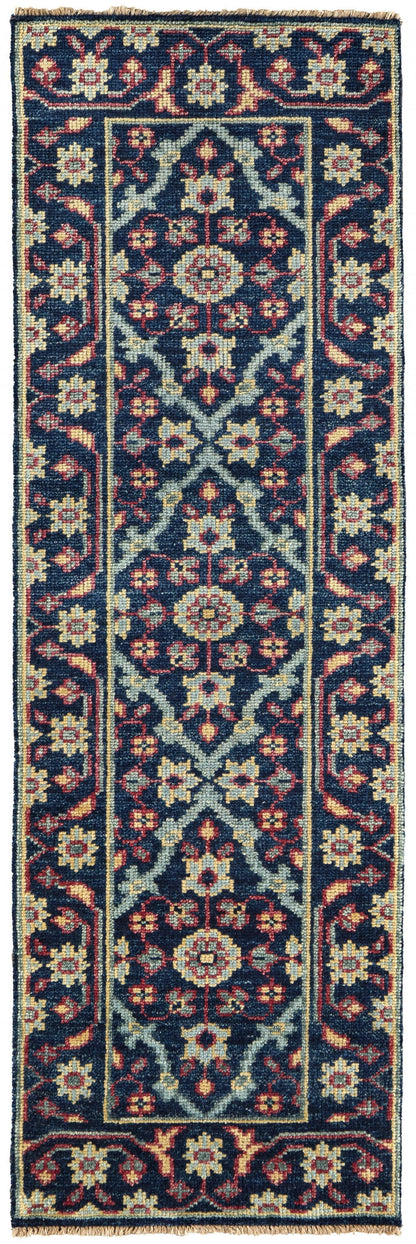 4' X 6' Blue Green And Red Wool Floral Hand Knotted Distressed Stain Resistant Area Rug With Fringe