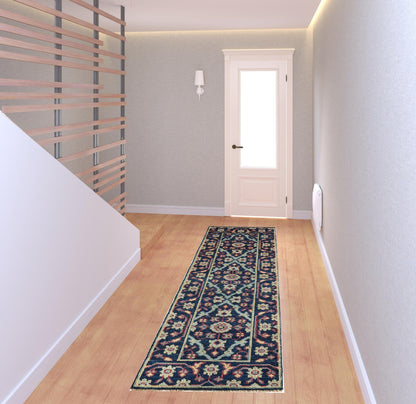 4' X 6' Blue Green And Red Wool Floral Hand Knotted Distressed Stain Resistant Area Rug With Fringe