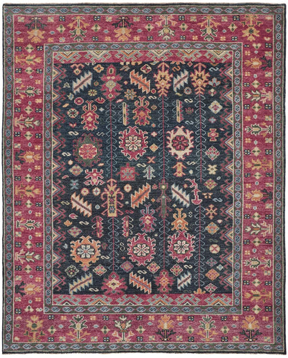 4' X 6' Pink Blue And Orange Wool Floral Hand Knotted Distressed Stain Resistant Area Rug With Fringe