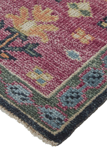 4' X 6' Pink Blue And Orange Wool Floral Hand Knotted Distressed Stain Resistant Area Rug With Fringe