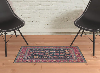 4' X 6' Pink Blue And Orange Wool Floral Hand Knotted Distressed Stain Resistant Area Rug With Fringe
