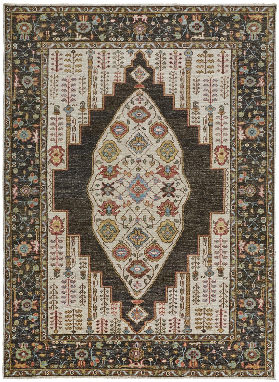 4' X 6' Brown Yellow And Green Wool Floral Hand Knotted Distressed Stain Resistant Area Rug With Fringe