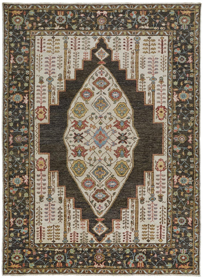 4' X 6' Brown Yellow And Green Wool Floral Hand Knotted Distressed Stain Resistant Area Rug With Fringe