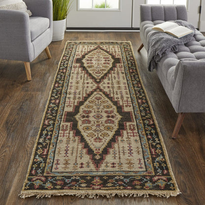 4' X 6' Brown Yellow And Green Wool Floral Hand Knotted Distressed Stain Resistant Area Rug With Fringe