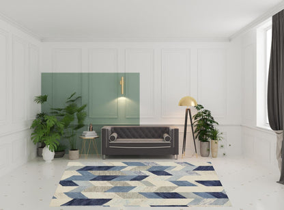 4' X 6' Blue Ivory And Gray Wool Geometric Tufted Handmade Area Rug