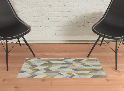 4' X 6' Blue Ivory And Gray Wool Geometric Tufted Handmade Area Rug