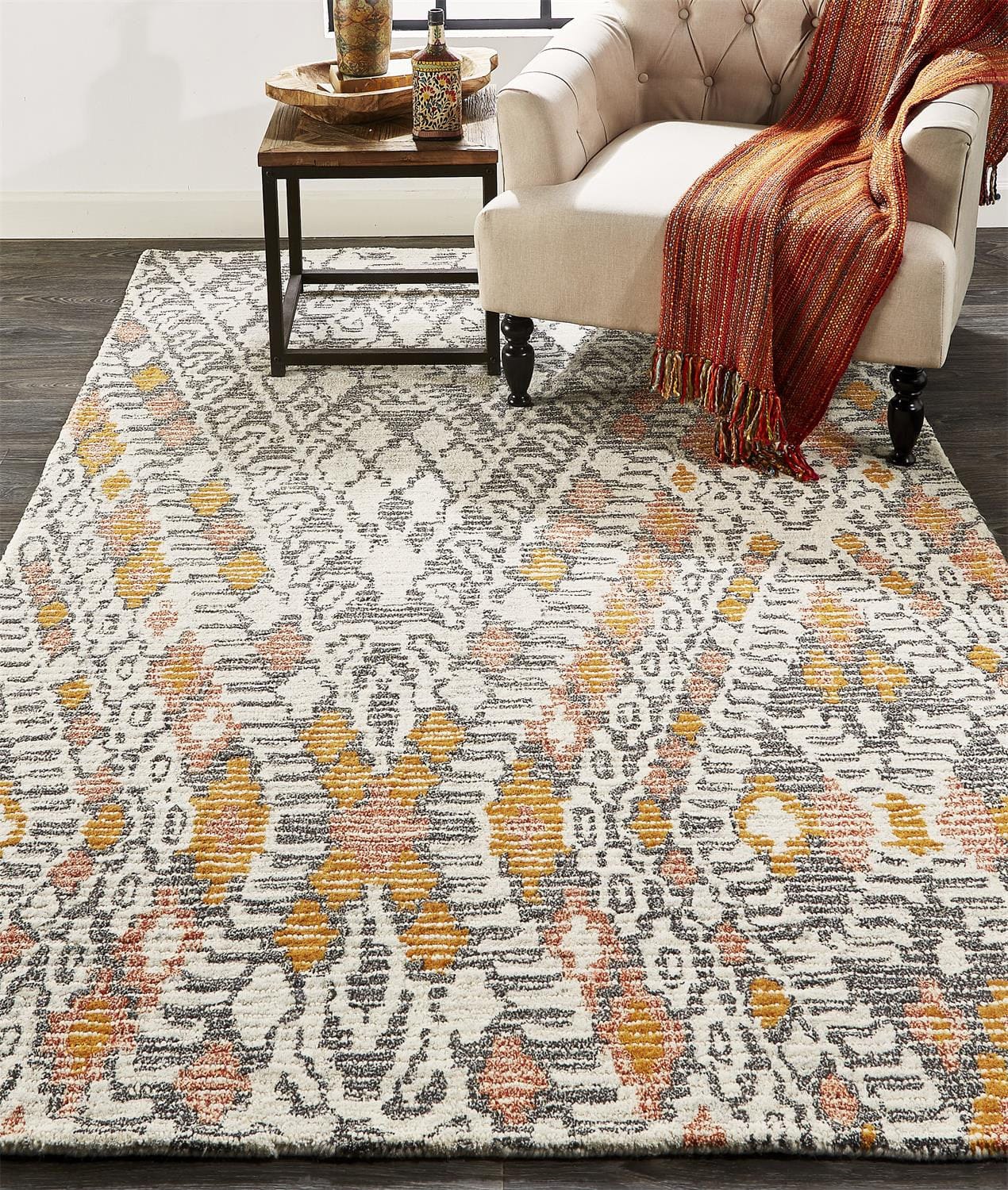 4' X 6' Gray Ivory And Orange Wool Geometric Tufted Handmade Area Rug