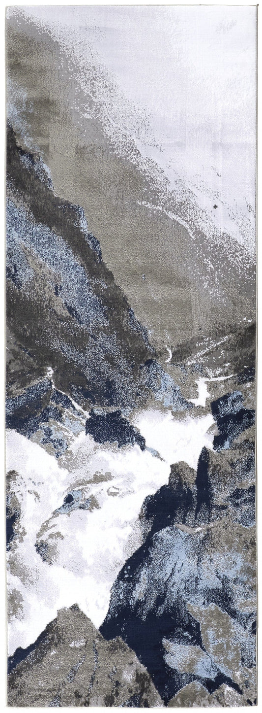 8' Blue Gray And White Abstract Stain Resistant Runner Rug