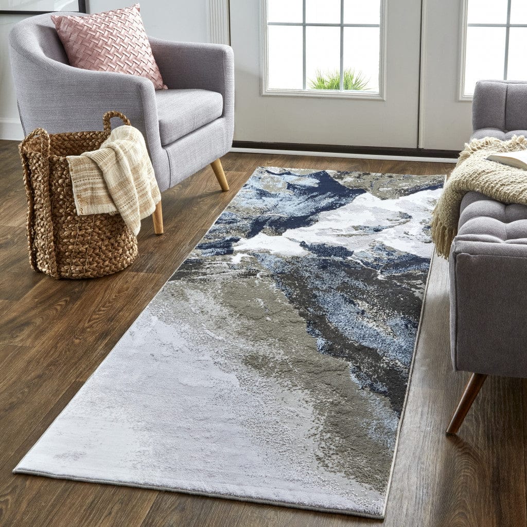 8' Blue Gray And White Abstract Stain Resistant Runner Rug