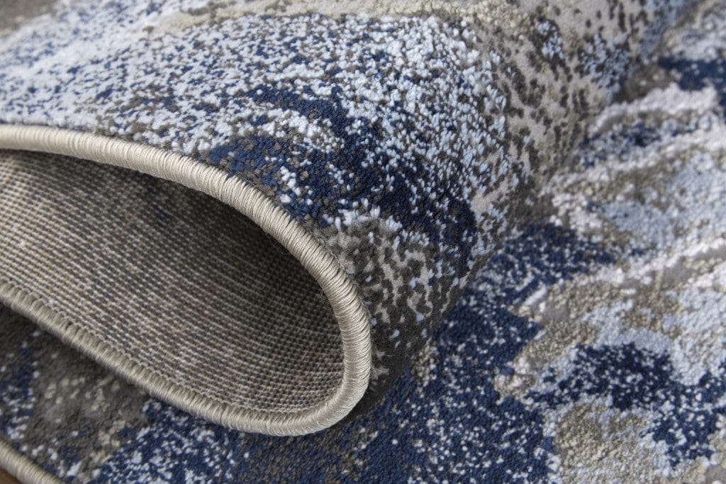 8' Blue Gray And White Abstract Stain Resistant Runner Rug