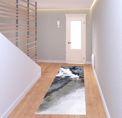 8' Blue Gray And White Abstract Stain Resistant Runner Rug