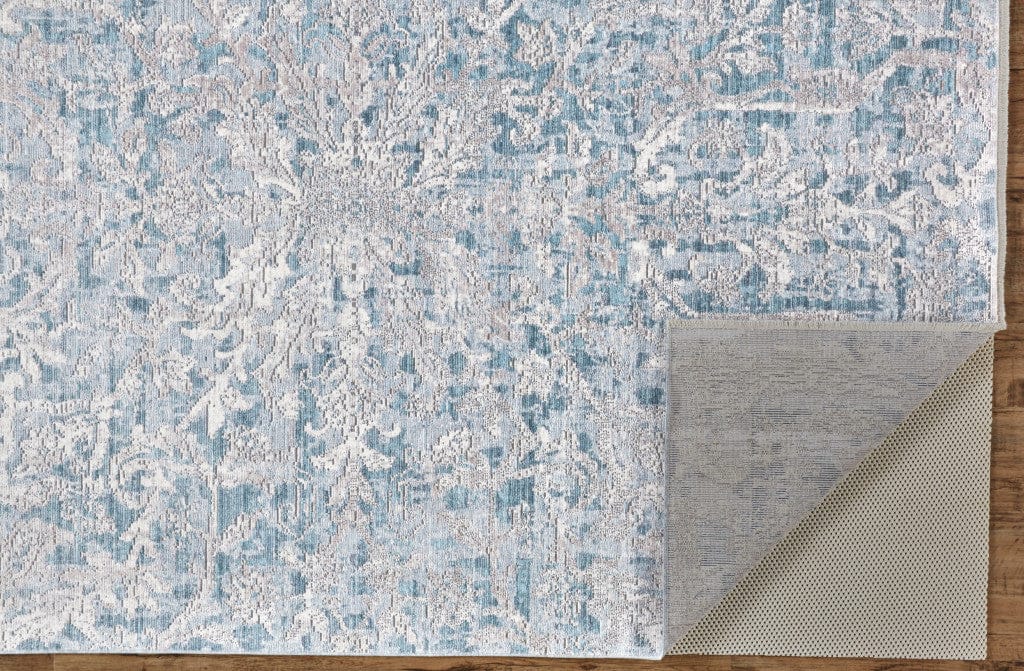 3' X 5' Blue Gray And Silver Abstract Distressed Area Rug With Fringe