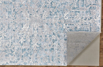 3' X 5' Blue Gray And Silver Abstract Distressed Area Rug With Fringe