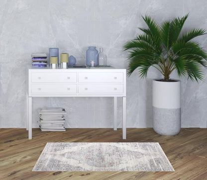 3' X 5' Ivory Gray And Pink Abstract Distressed Area Rug With Fringe