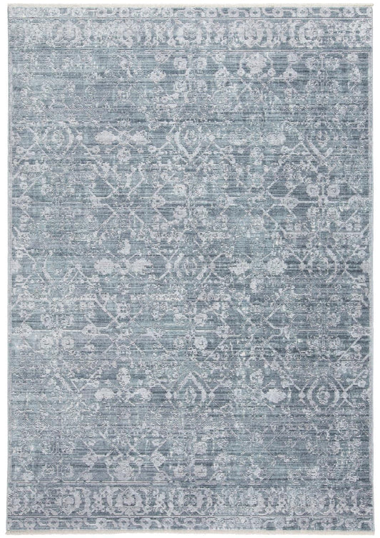 3' X 5' Blue Gray And Silver Abstract Distressed Area Rug With Fringe