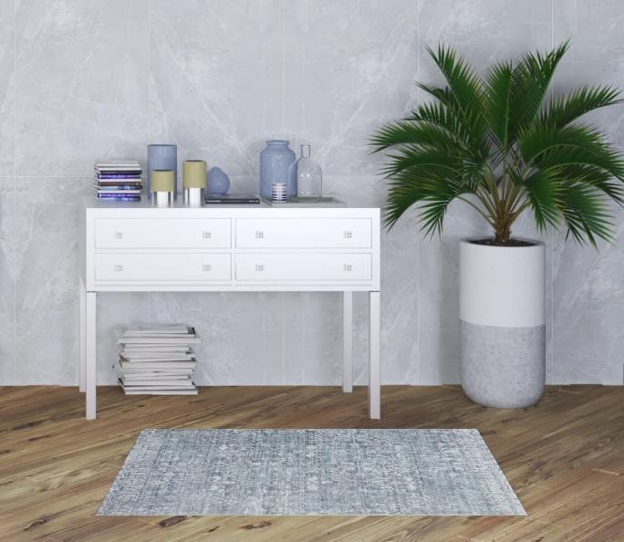 3' X 5' Blue Gray And Silver Abstract Distressed Area Rug With Fringe