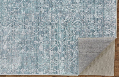 3' X 5' Blue Gray And Silver Abstract Distressed Area Rug With Fringe