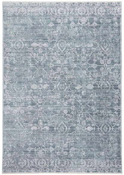 3' X 5' Blue Gray And Silver Abstract Distressed Area Rug With Fringe