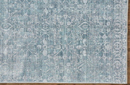 3' X 5' Blue Gray And Silver Abstract Distressed Area Rug With Fringe