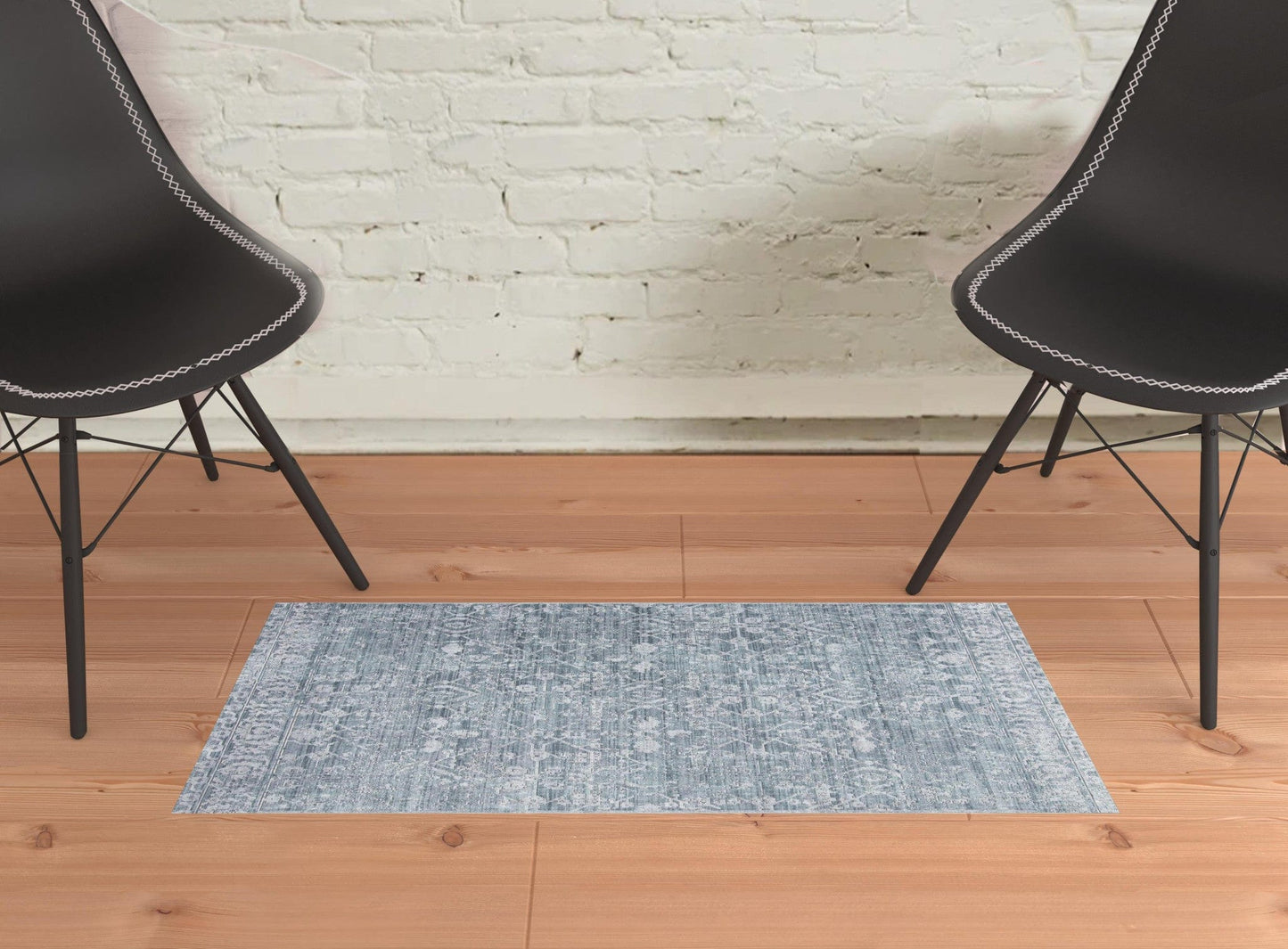 3' X 5' Blue Gray And Silver Abstract Distressed Area Rug With Fringe