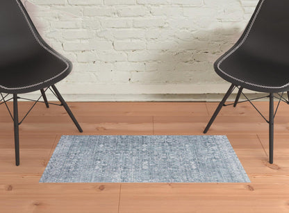 3' X 5' Blue Gray And Silver Abstract Distressed Area Rug With Fringe