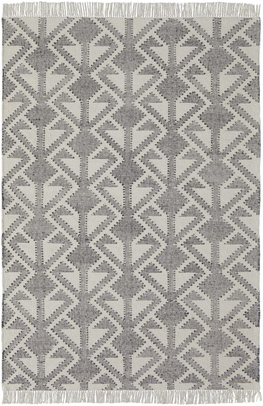 5' X 8' Black Ivory And Gray Wool Geometric Dhurrie Flatweave Handmade Area Rug With Fringe
