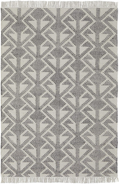 5' X 8' Black Ivory And Gray Wool Geometric Dhurrie Flatweave Handmade Area Rug With Fringe