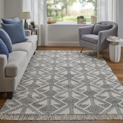 5' X 8' Black Ivory And Gray Wool Geometric Dhurrie Flatweave Handmade Area Rug With Fringe