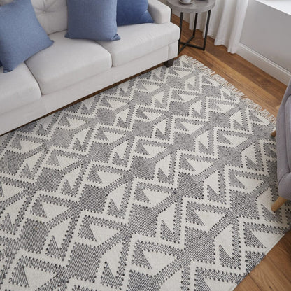 5' X 8' Black Ivory And Gray Wool Geometric Dhurrie Flatweave Handmade Area Rug With Fringe