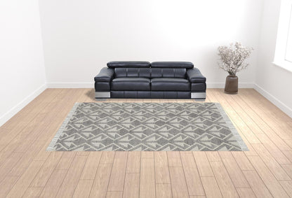 5' X 8' Black Ivory And Gray Wool Geometric Dhurrie Flatweave Handmade Area Rug With Fringe