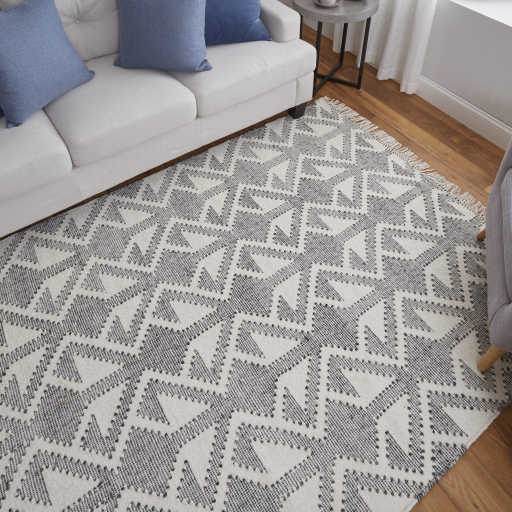 5' X 8' Black Ivory And Gray Wool Geometric Dhurrie Flatweave Handmade Area Rug With Fringe