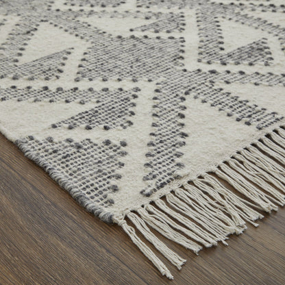 5' X 8' Black Ivory And Gray Wool Geometric Dhurrie Flatweave Handmade Area Rug With Fringe