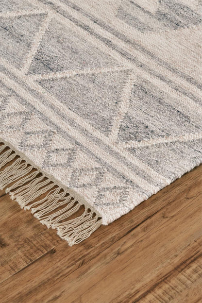 5' X 8' Ivory Gray And Blue Wool Geometric Dhurrie Flatweave Handmade Area Rug With Fringe