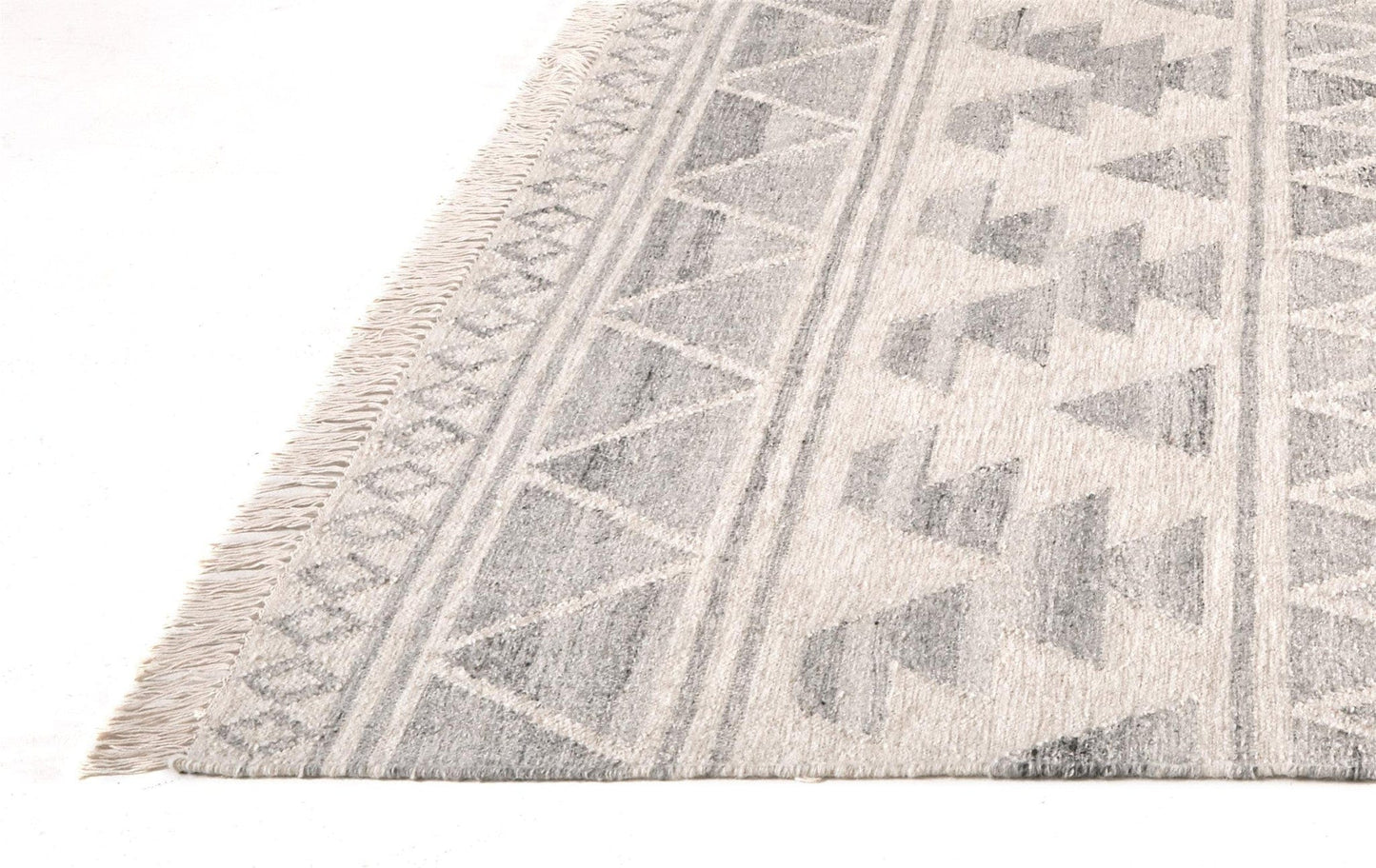 5' X 8' Ivory Gray And Blue Wool Geometric Dhurrie Flatweave Handmade Area Rug With Fringe