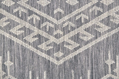 5' X 8' Gray Ivory And Blue Wool Geometric Dhurrie Flatweave Handmade Area Rug With Fringe