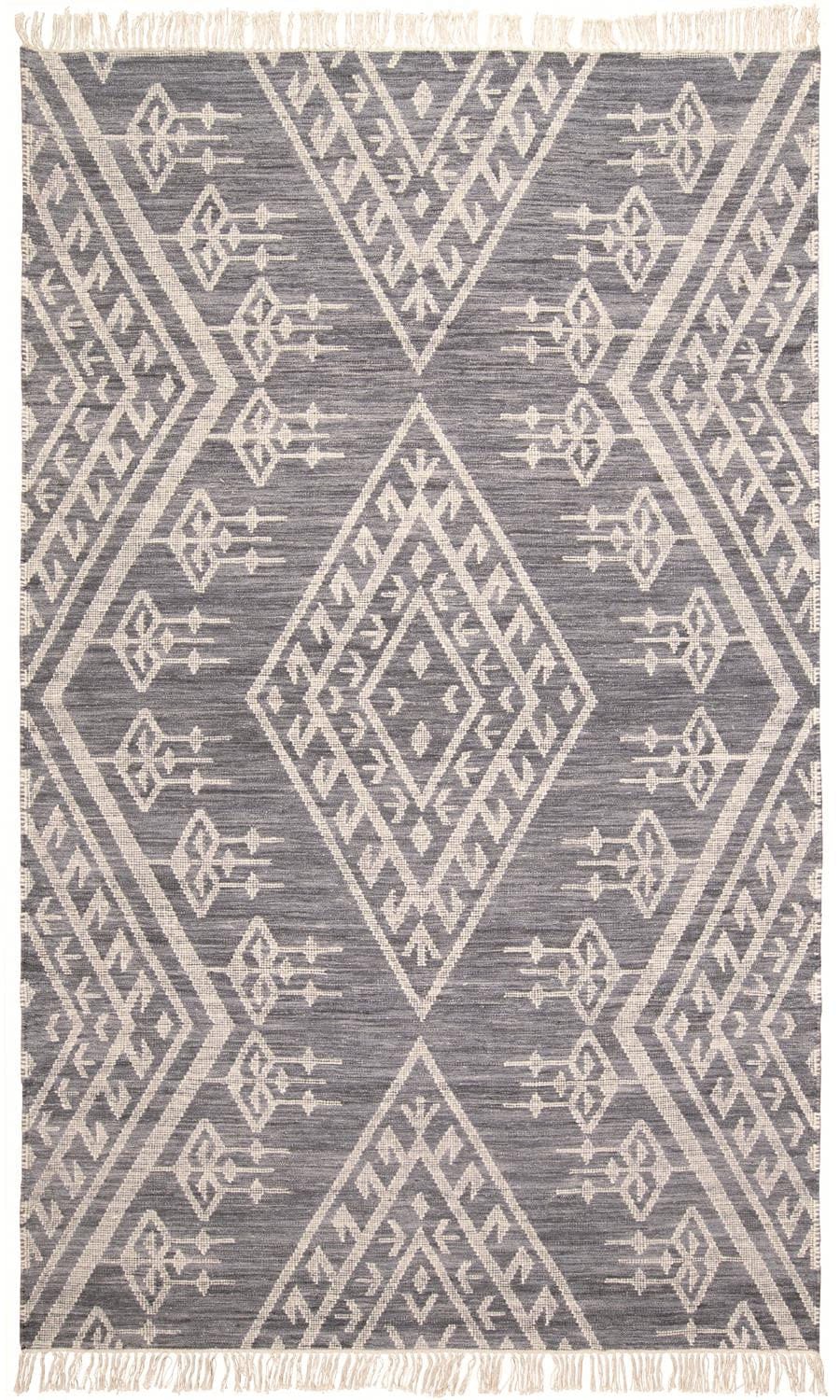 5' X 8' Gray Ivory And Blue Wool Geometric Dhurrie Flatweave Handmade Area Rug With Fringe